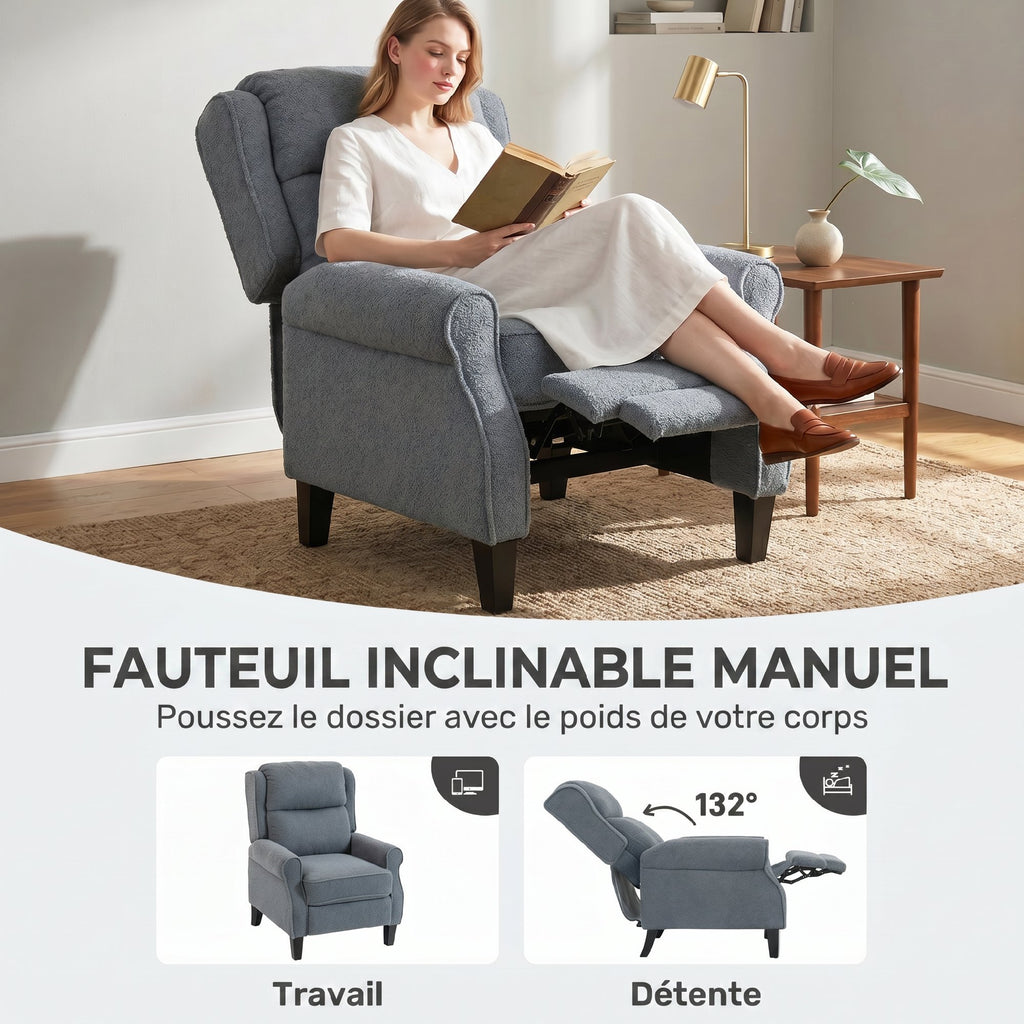 Fauteuil relax inclinable en polaire Teddy, fauteuil de relaxation avec repose-pieds extensible, assise rembourrée, gris-3