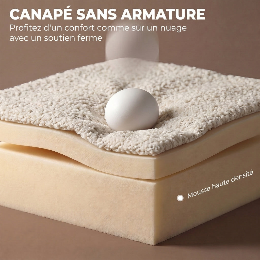 Canapé 3 Places Incurvé en Chenille 188 cm, Canapé Salon avec Assise Profonde, 6 Coussins, Rembourrage Épais, Crème-4