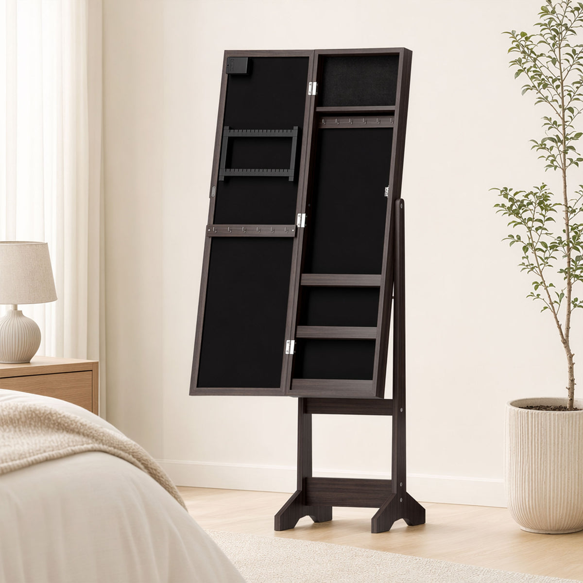 Armoire à Bijoux, Armoire de Rangement sur Pieds, Boîte à Bijoux avec Miroir Multi-Rangements Éclairage LED Marron Foncé-1