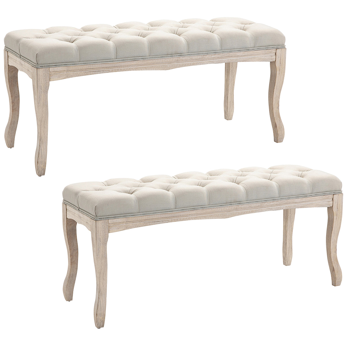 Lot de 2 banc Banquette capitonnée Style Classique 110 cm Bout de lit Rembourrée en lin piètement Bois hévéa sculpté-0
