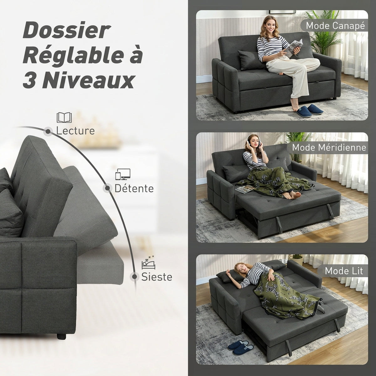 Canapé Convertible 2 Places 3 en 1, Canapé-Lit Clic Clac 160 cm, Dossier Réglable, Assise Large, 2 Oreillers, Gris Foncé-4