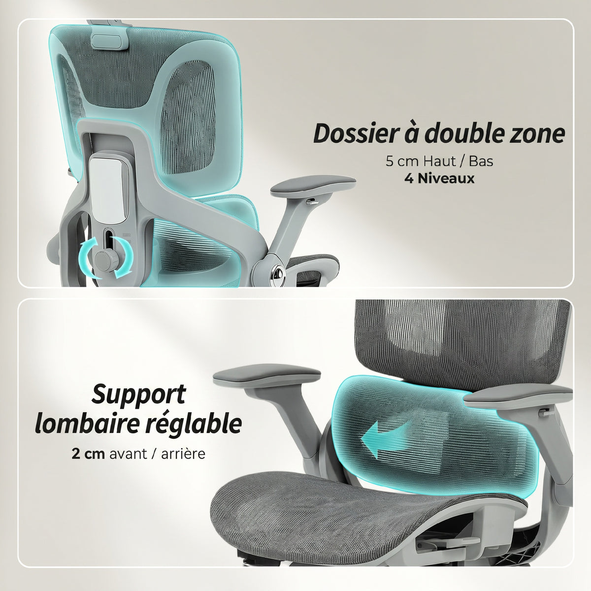 Chaise Bureau Ergonomique avec Accoudoirs 4D Appui-Tête et Profondeur d'Assise Réglables Maille Gris-4