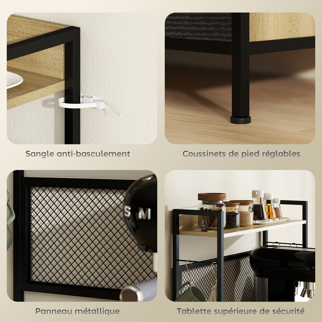 Armoire de cuisine style industriel avec 3 tiroirs, plan de travail, étagère et 4 crochets, 60x40x132cm-6
