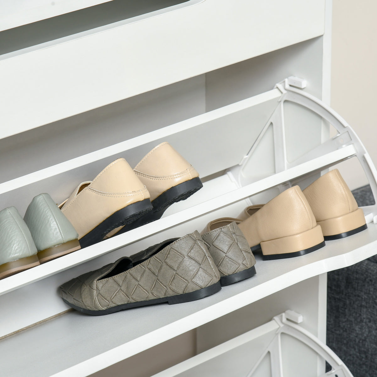 Armoire à Chaussures avec 2 Tiroirs Rabattables + 1 Tiroir Coulissant + 1 Comptoir et 1 Plateau en Verre blanc-9