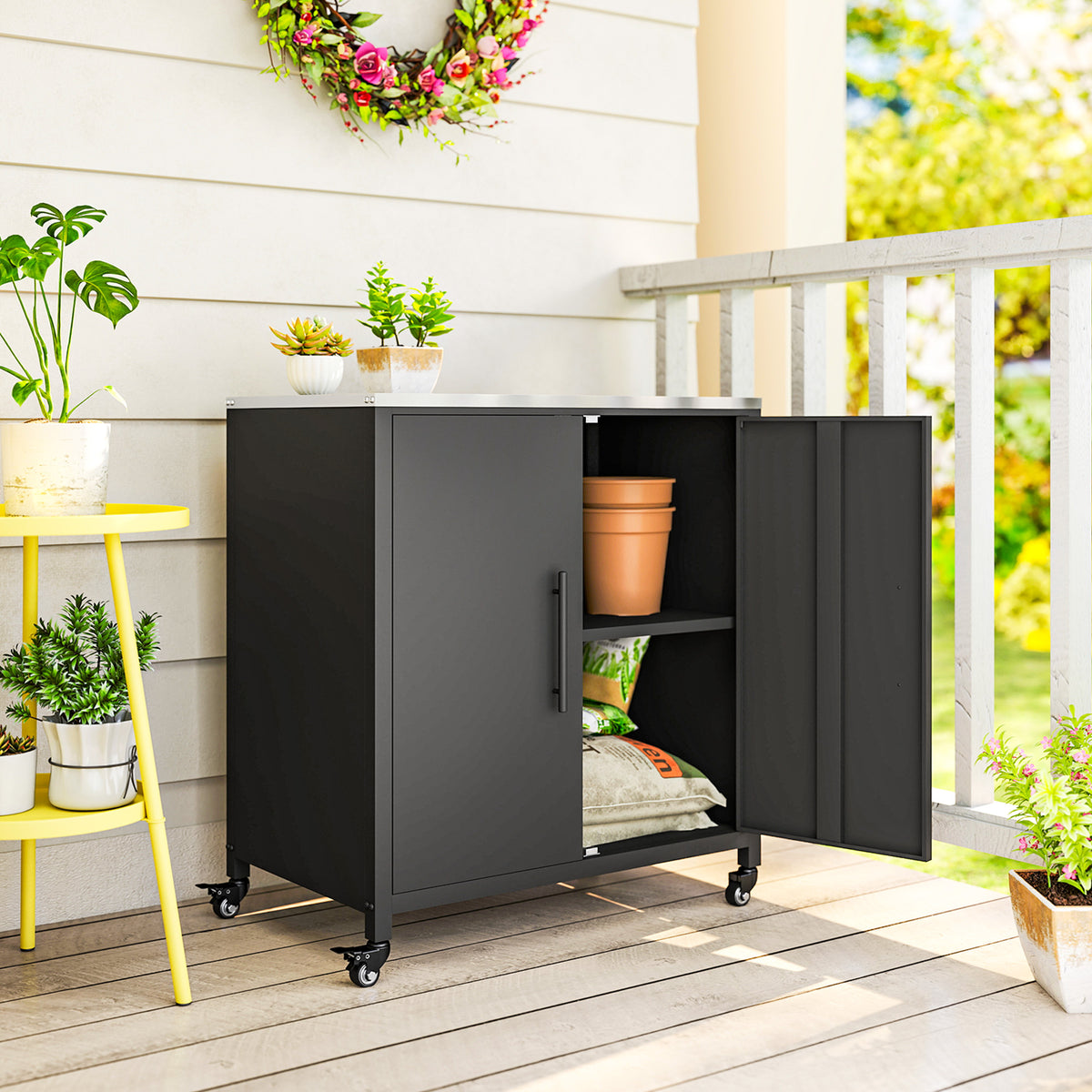 Armoire de jardin en Métal, Armoire de Rangement Extérieur, Toit en Acier Inoxydable et Roulettes, Noir-1