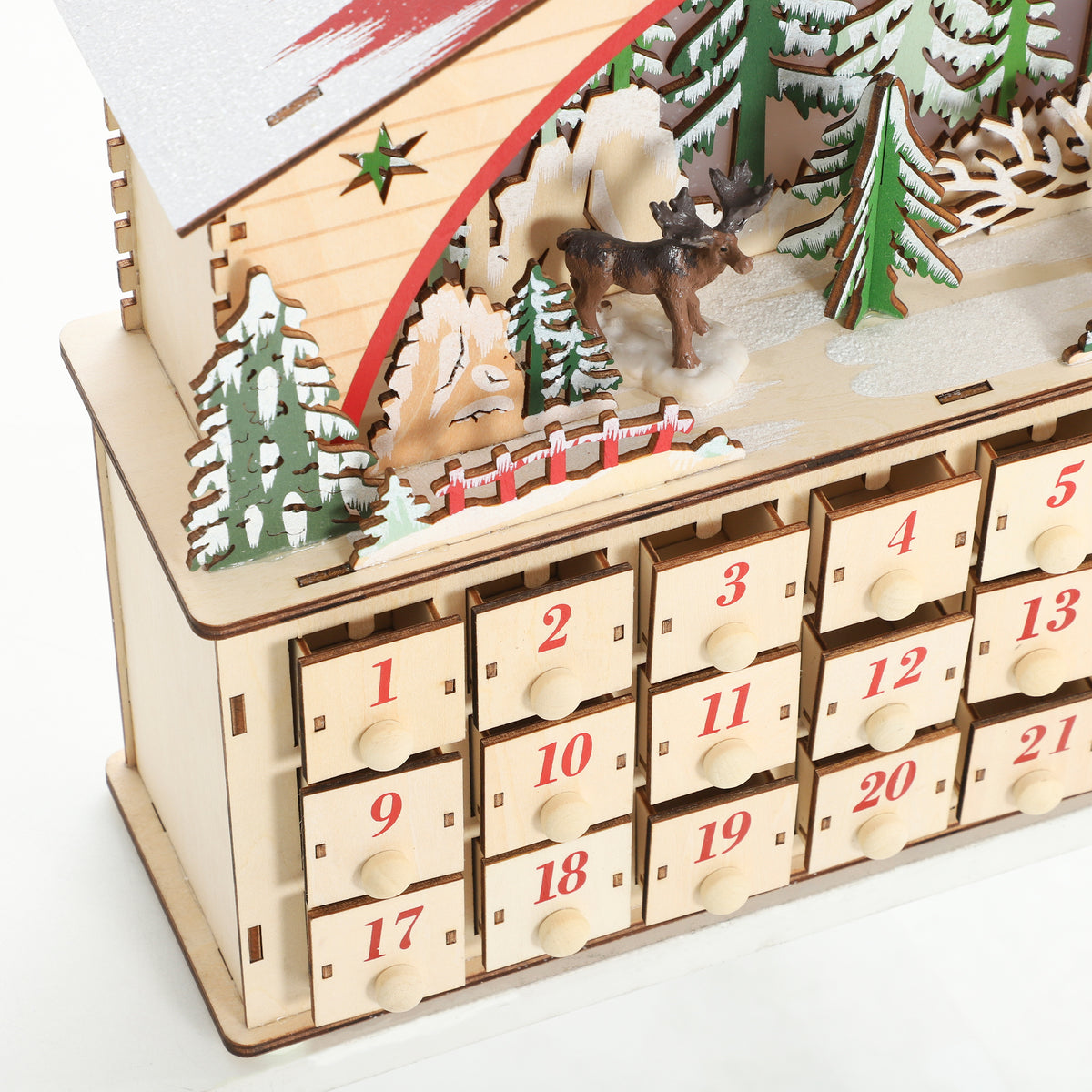 Calendario dell’Avvento di Natale con villaggio in legno, 24 cassetti e 15 LED