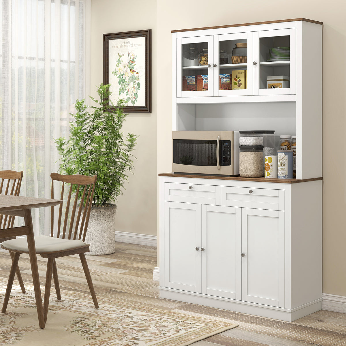 Buffet haut cuisine, armoire de cuisine, 6 portes, 2 tiroirs, plan de travail, étagères réglables, 100x40x180cm, blanc-1