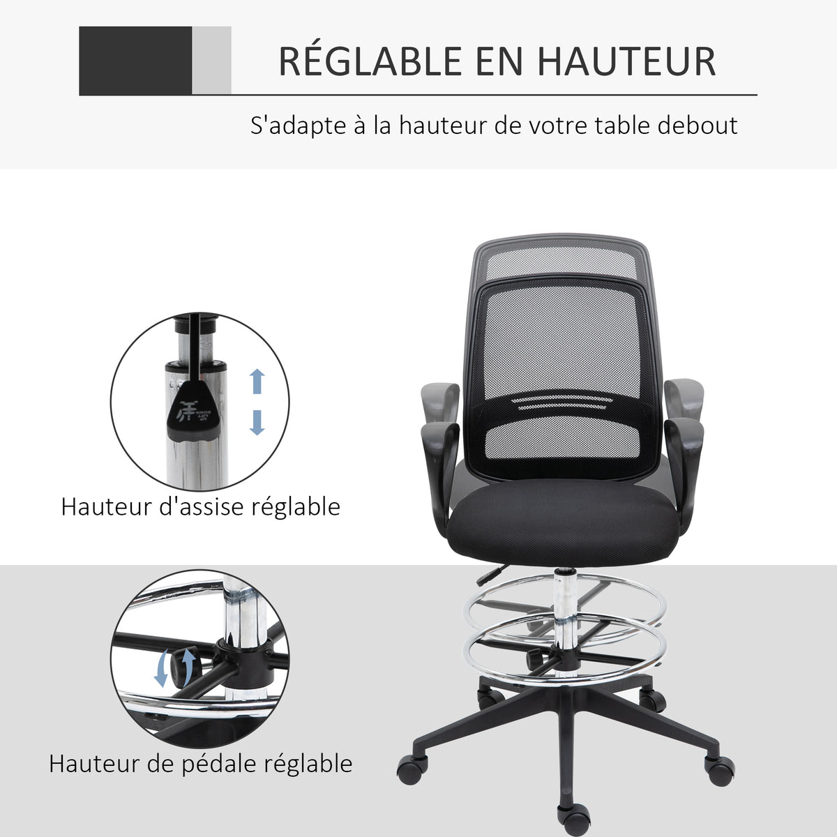 Fauteuil de bureau chaise de bureau assise haute réglable tabouret de bureau pivotant 360° maille respirante-5