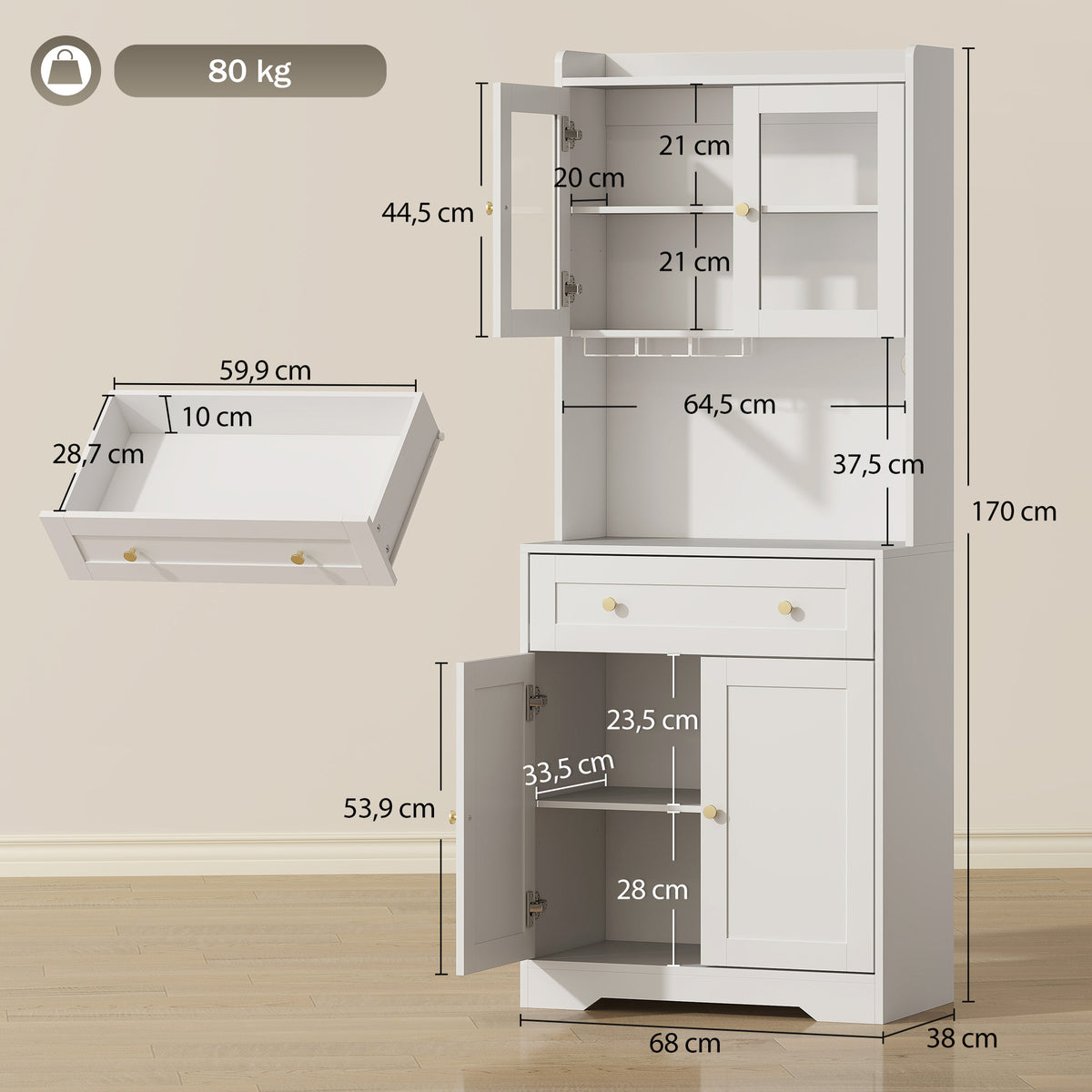 Buffet Haut Cuisine, Armoire de Cuisine, 4 Portes, Tiroir, Plan de Travail et Étagères Réglables, Blanc-2