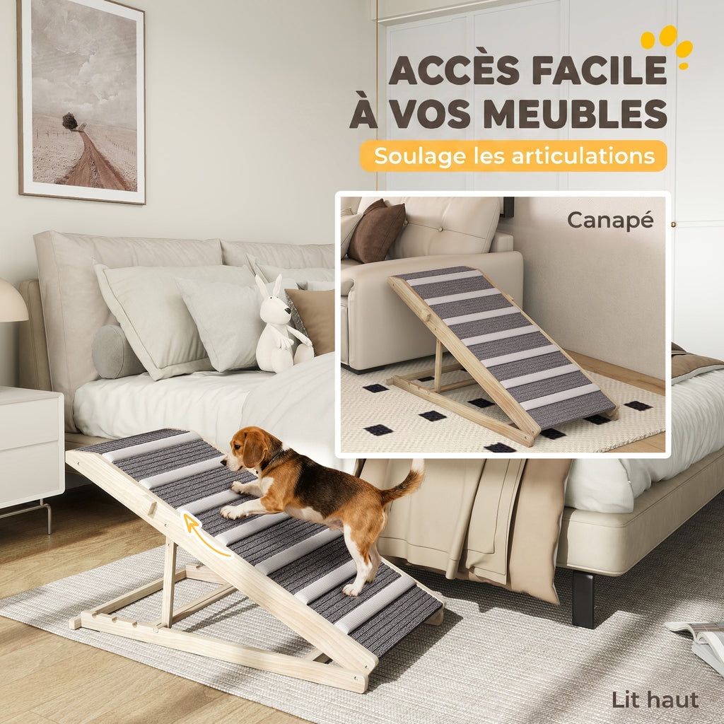 Rampe pour Chien en Bois avec Tapis Antidérapants, 4 Hauteurs Réglables de 35-50 cm, 100x50x50cm, Bois Naturel et Gris-3