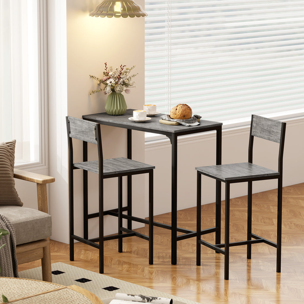 Ensemble table de bar avec tabourets, table à manger debout avec 2 chaises de bar, repose-pieds et dossiers, gris-5