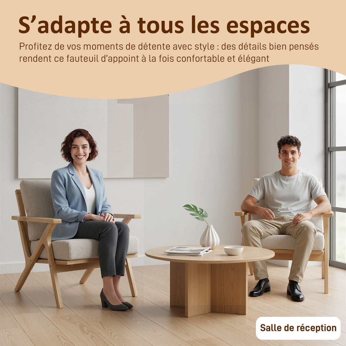 Fauteuil salon, fauteuil scandinave en tissu effet lin, coussins rembourrée et pieds en bois d'hévéa, 76x87x88cm, beige-5