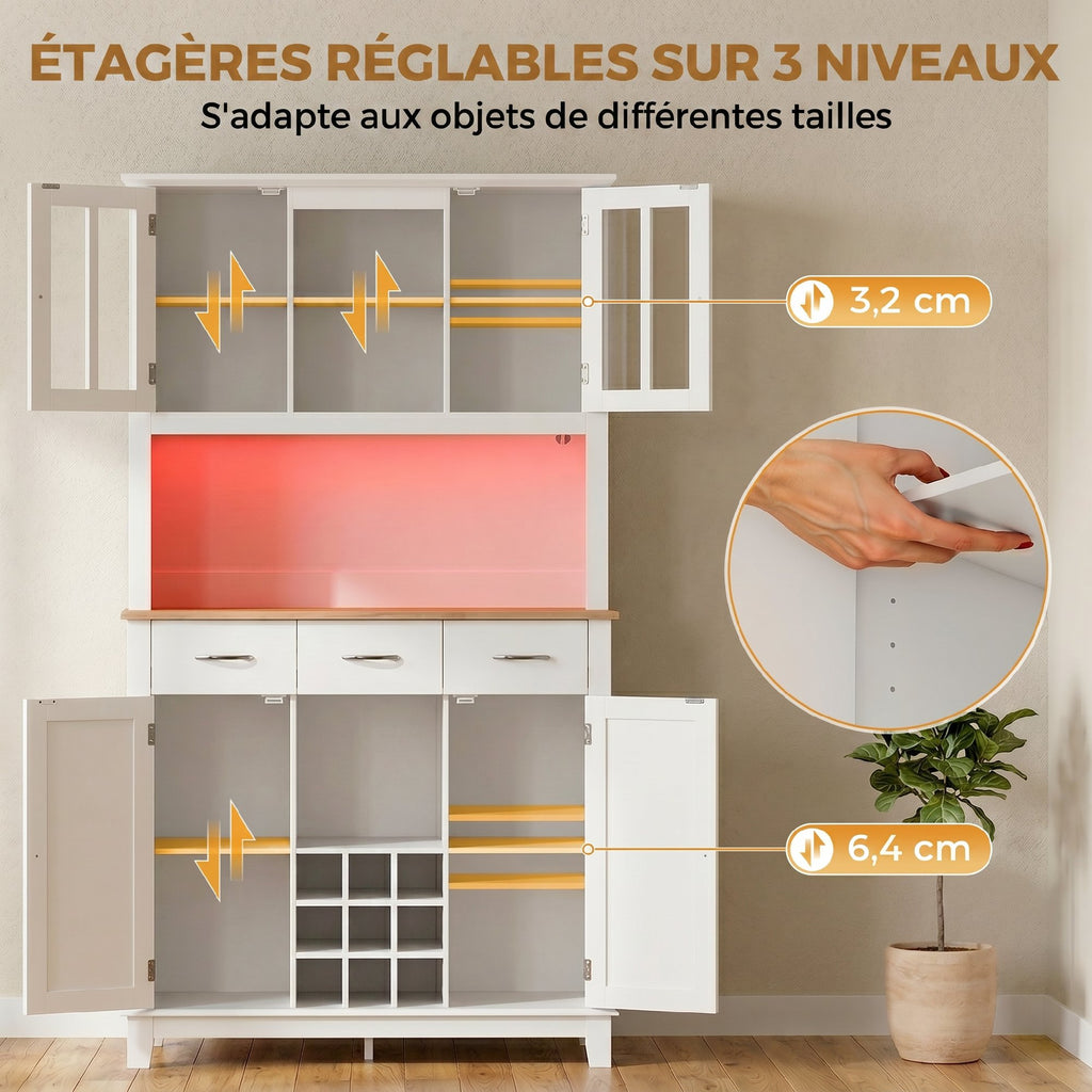 Buffet haut cuisine avec éclairage LED, vaisselier, 4 portes dont 2 en verre, tiroirs, porte-bouteilles, blanc-5