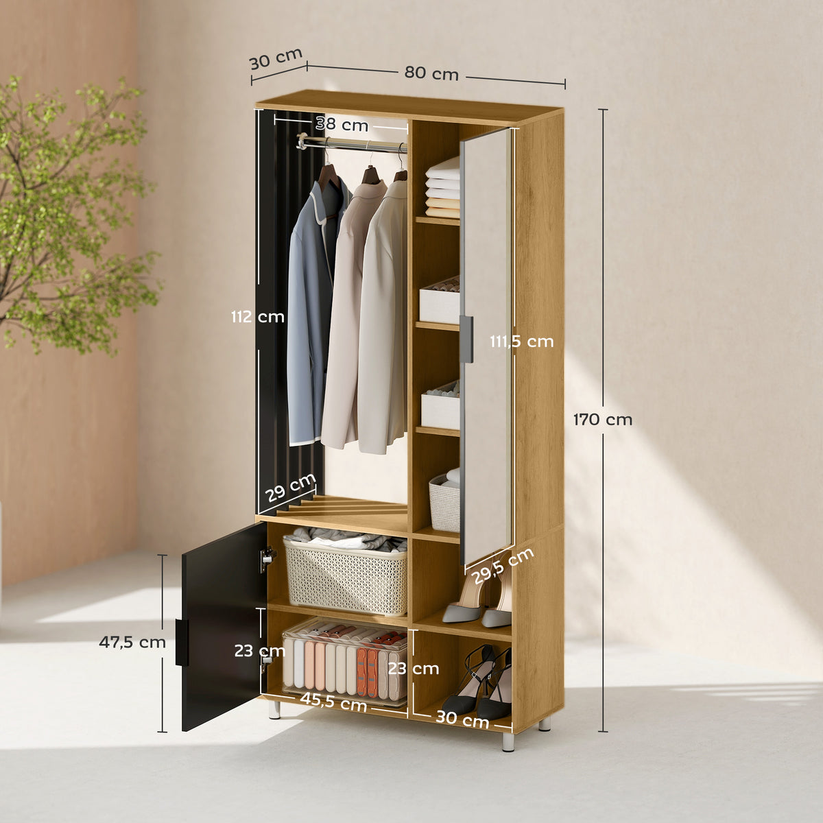 Armoire chambre penderie avec miroir, compartiments ouverts, placard et tringle de suspension, 80 x 30 x 170 cm, naturel-2