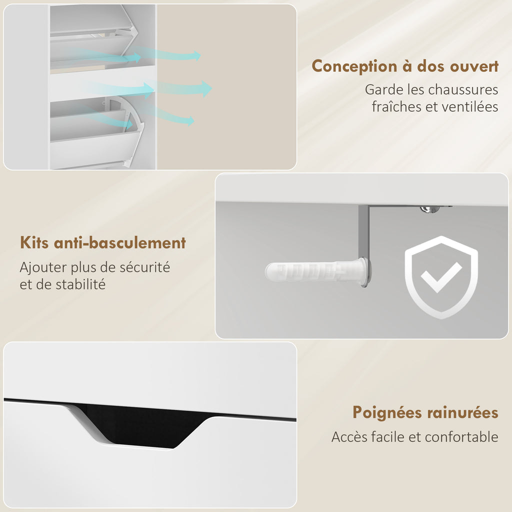 Meuble à chaussures 18 paires, armoire à chaussures étroite, 3 tiroirs rabattables, étagères réglables, blanc-8