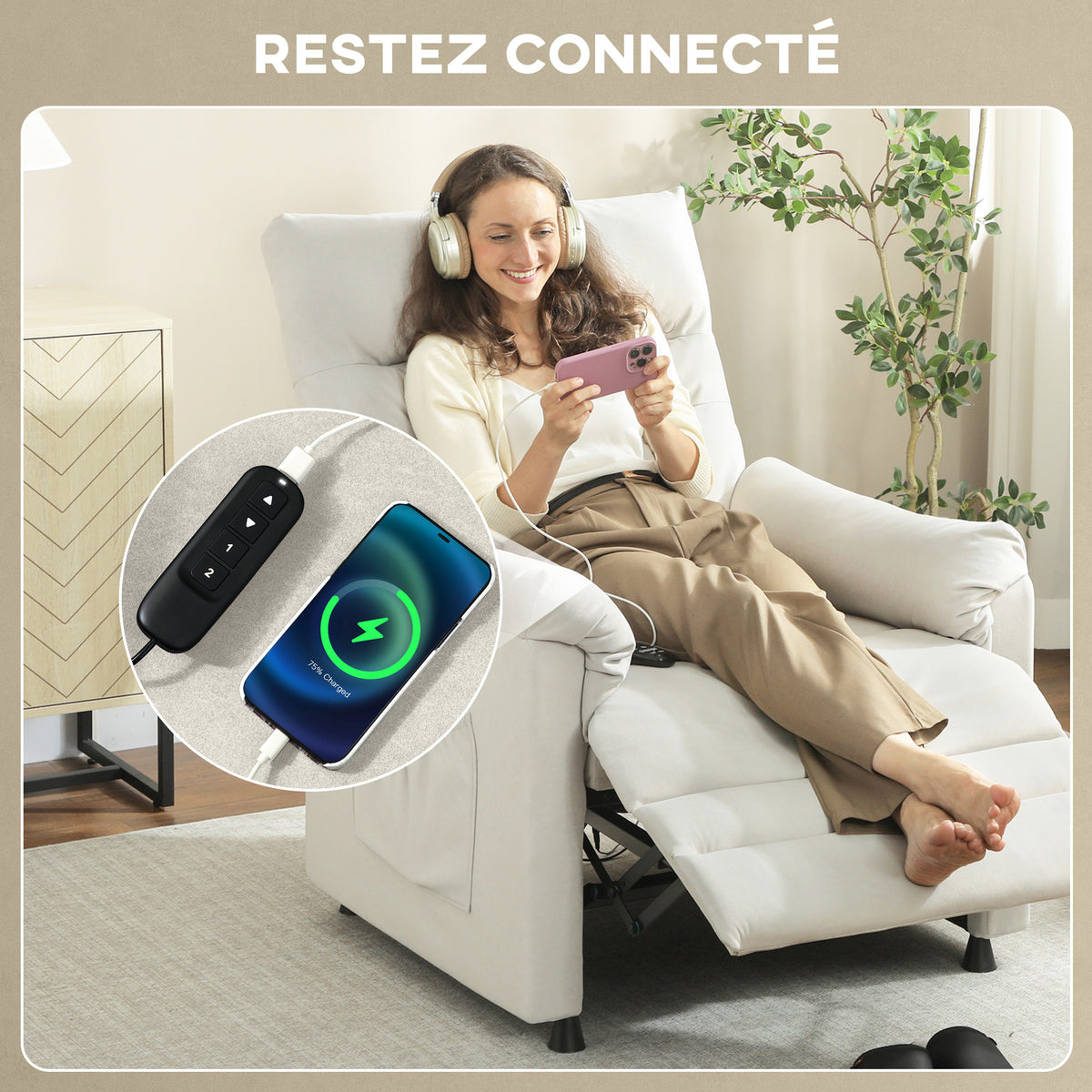 Fauteuil relax électrique massant et chauffant, fauteuil inclinable, repose-pieds, moteur silencieux, 82x99x106cm, crème-8