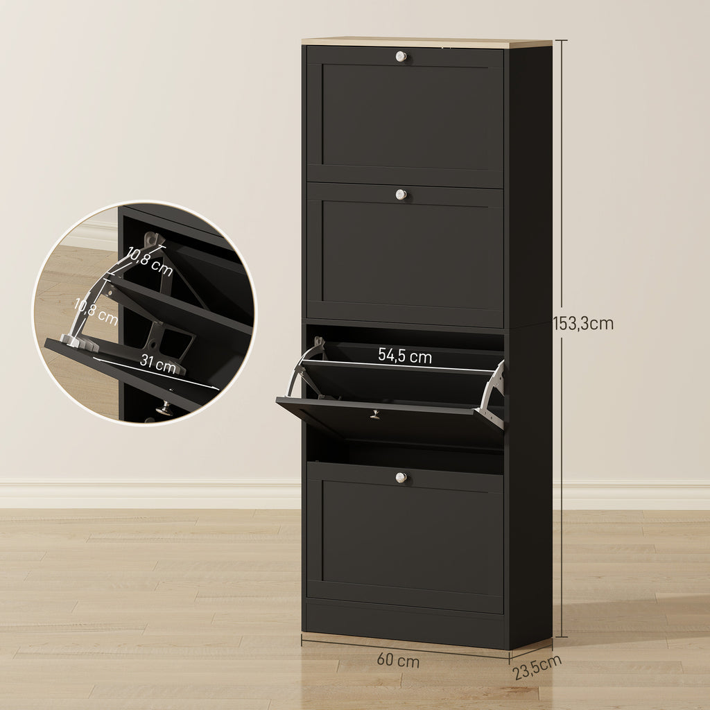 Meuble à chaussures 24 paires, armoire à chaussures avec 4 tiroirs rabattables, étagères réglables, 60x23,5x153cm, noir-2