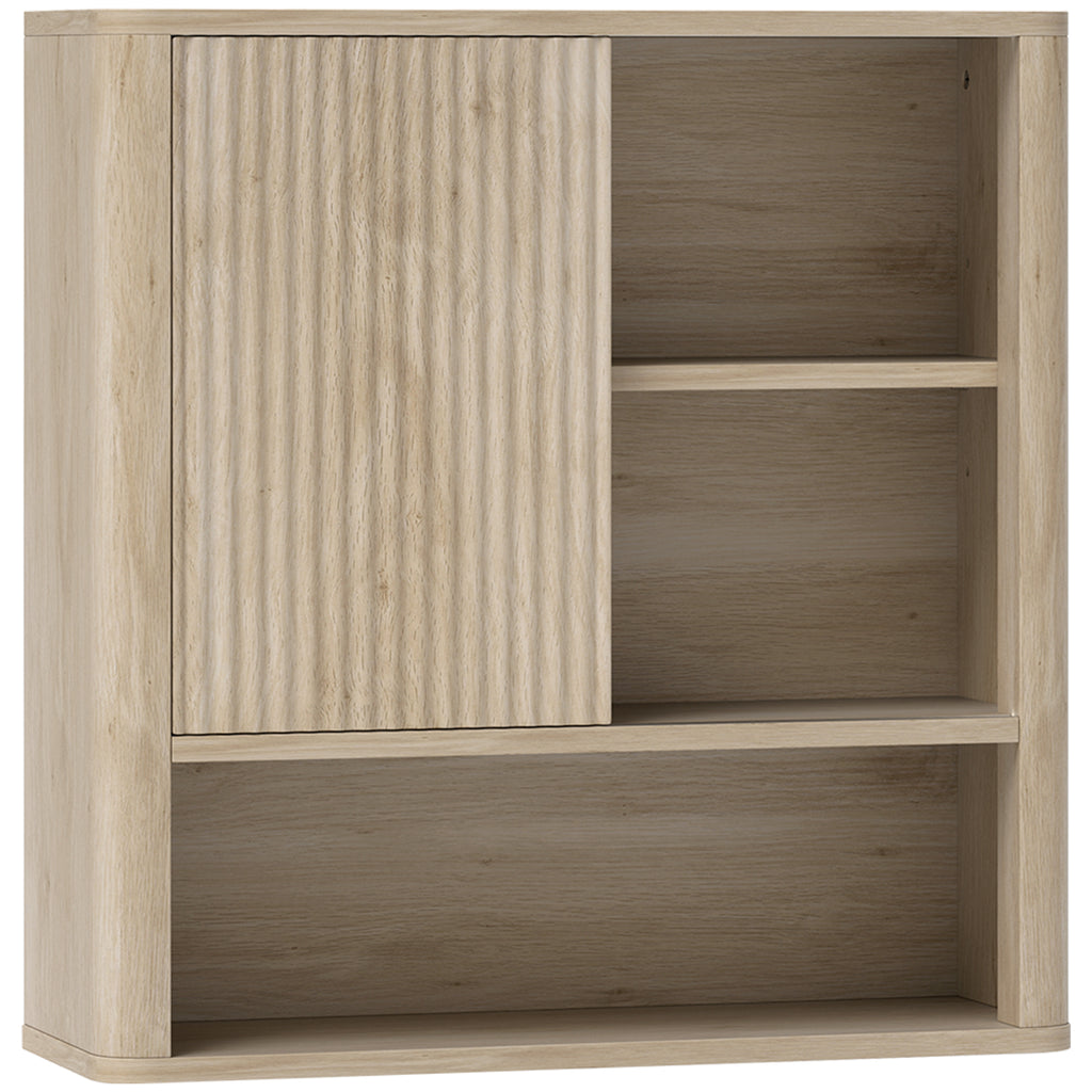 Armoire murale salle de bain avec étagères réglables, porte coulissante et étagères ouvertes, bois naturel-0