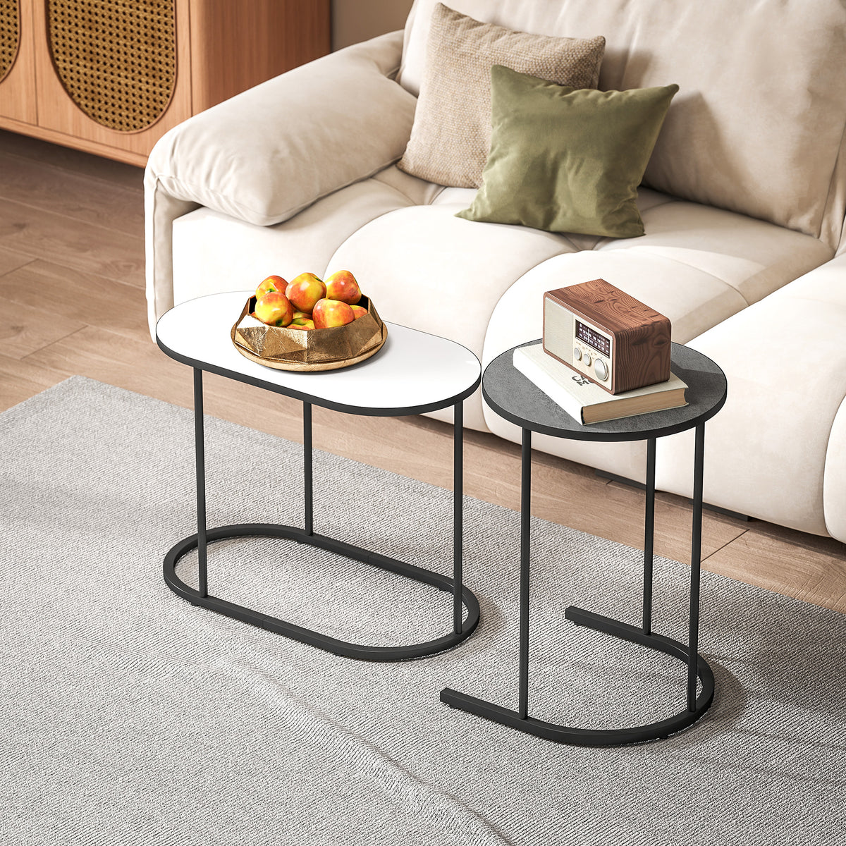 Lot de 2 tables basses gigognes, tables d'appoint empilable style contemporain, cadre en métal gris et blanc-7