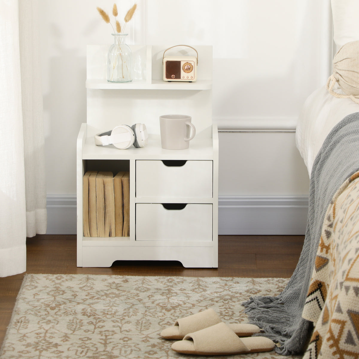 Table de Chevet Table de Nuit Multi-Rangement 2 tiroirs Niche étagère en bois Blanc-6