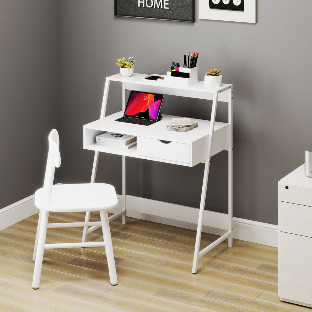 Bureau secrétaire Bureau Informatique Style néo-rétro tiroir Niche étagère métal Blanc-5