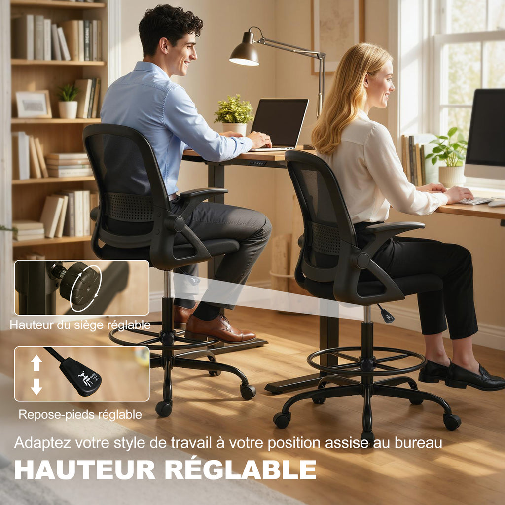 Chaise de bureau en maille, chaise d'ordinateur avec accoudoirs rabattables, hauteur réglable, repose-pieds, noir-4