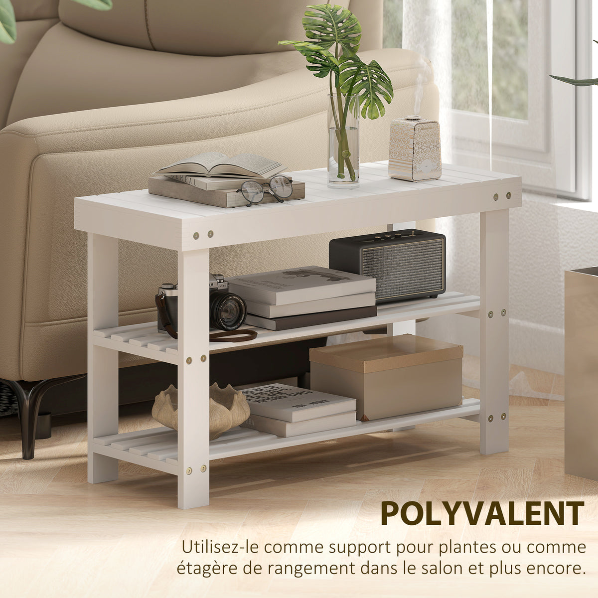Banc à chaussures en bambou, étagère à chaussures à 3 niveaux, style scandinave, charge 136 Kg, 70 x 28 x 45 cm, blanc-5