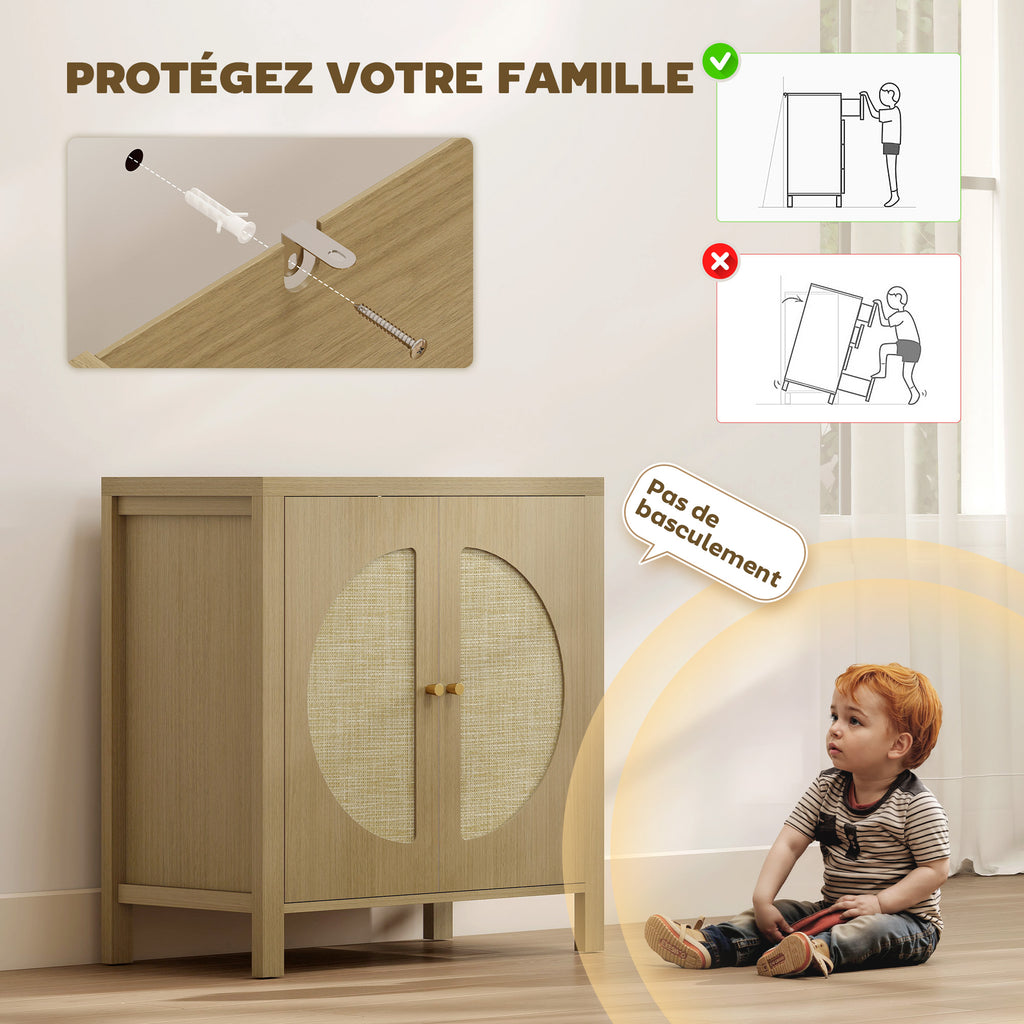 Buffet cuisine, meuble de rangement avec 2 portes effet rotin et étagère réglable, 75 x 38 x 77 cm, bois naturel-5