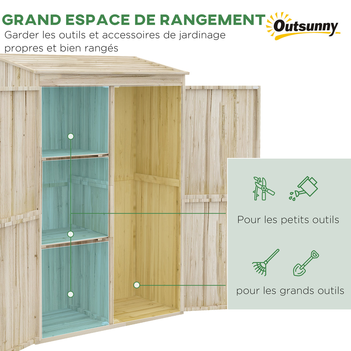 Armoire de jardin armoire de rangement en bois 2 étagères 2 portes toit incliné 120 x 57 x 183 cm bois naturel-3