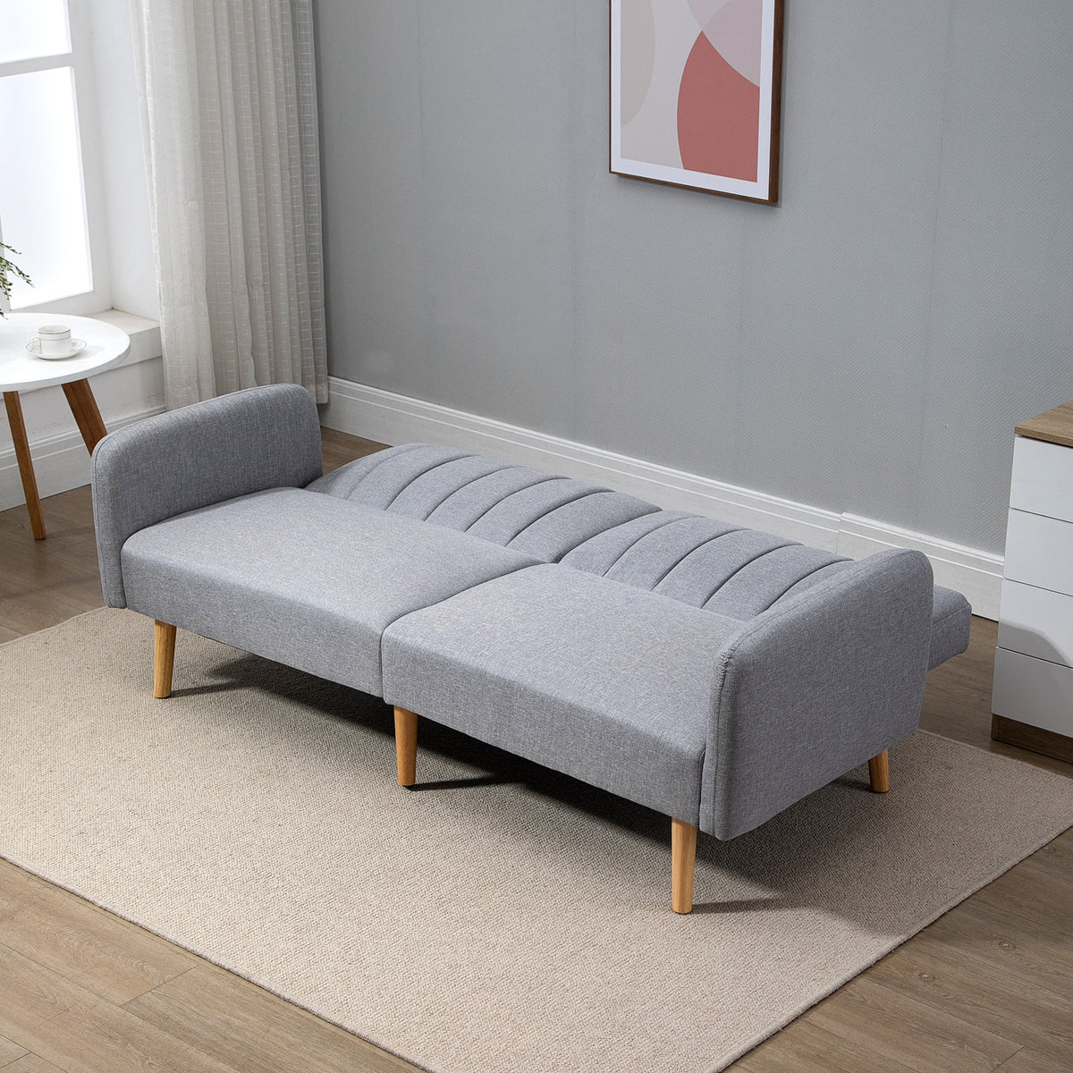 Canapé Convertible 2 Places Design scandinave Dossier inclinable 3 Positions Pieds Bois Tissu Aspect Lin Gris-6