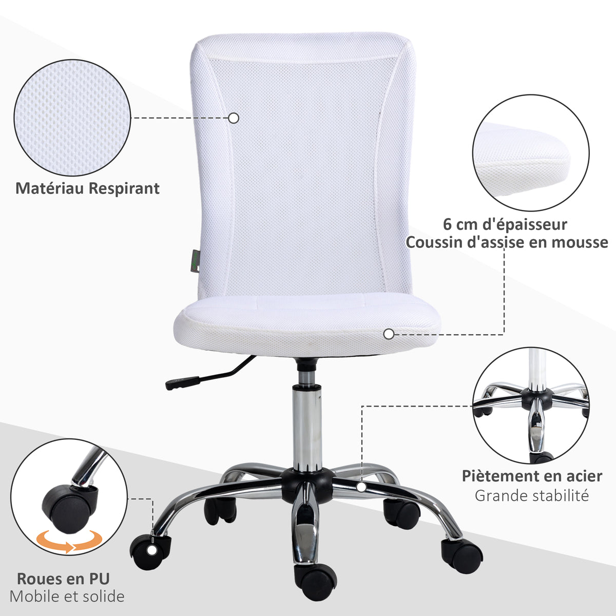 Chaise de bureau ergonomique hauteur réglable piètement chromé pivotant 360° revêtement maille blanc-3