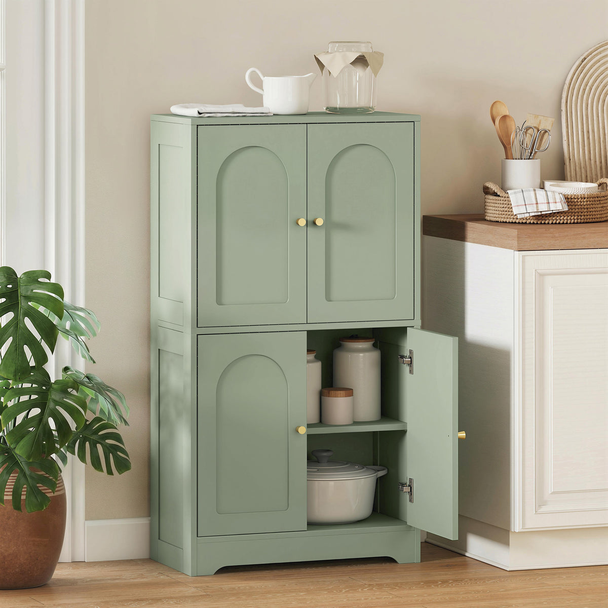 Buffet cuisine, meuble cuisine rangement avec 4 portes cintrées et 2 étagères réglables, 60 x 30 x 110 cm, vert-9