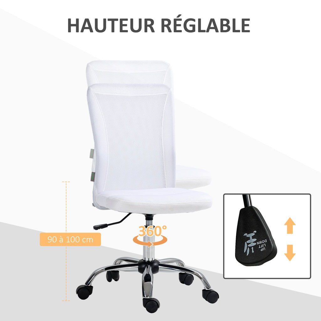 Chaise de bureau ergonomique hauteur réglable piètement chromé pivotant 360° revêtement maille blanc-4
