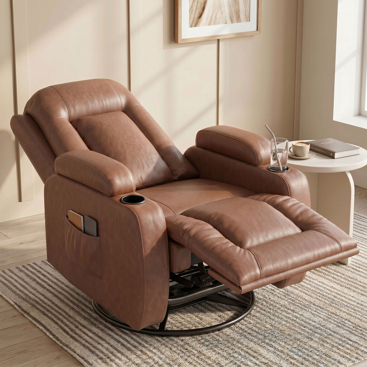 Fauteuil Inclinable de Massage et Chauffage, Fauteuil de Relaxation, Dossier Réglable, Pivotant, 82x99x103cm, Marron-8
