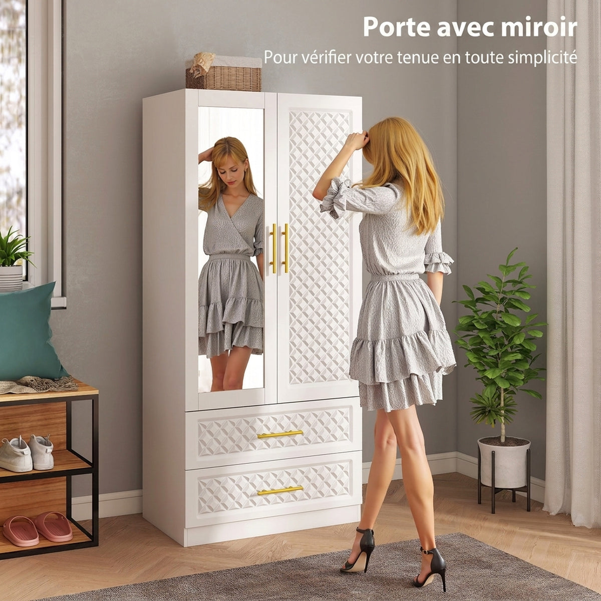 Armoire chambre penderie avec miroir, 2 tiroirs, 2 portes et barre de suspension, 80 x 50 x 180 cm, blanc-5