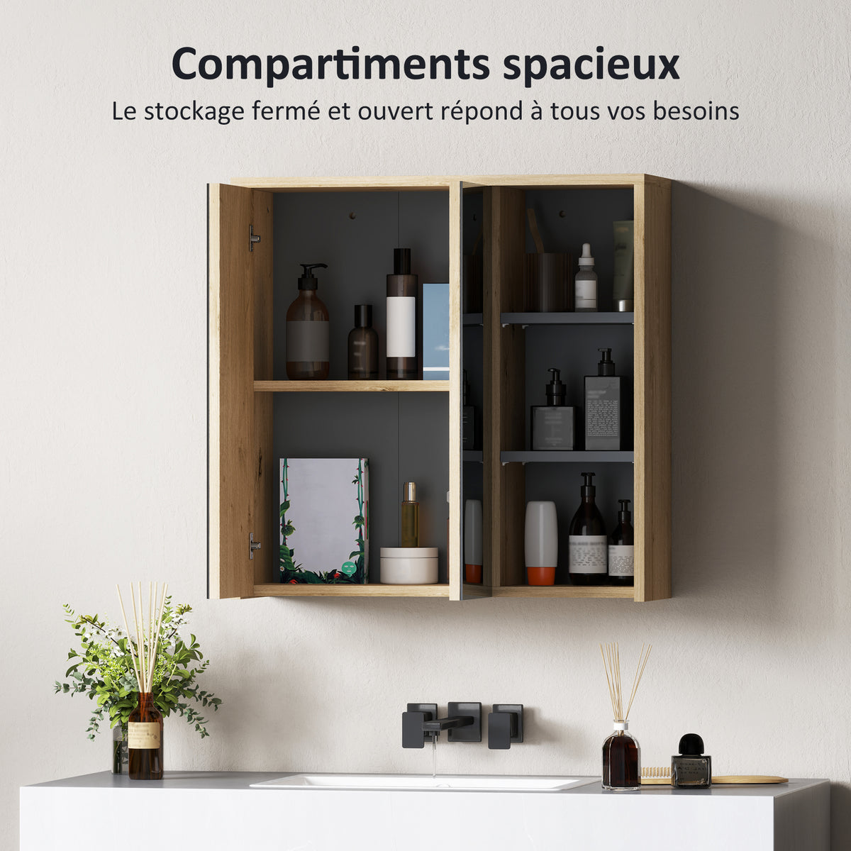 Armoire de salle de bain avec miroir armoire de toilette miroir mural 3 étagères ouverts 60 x 20 x 60 cm bois naturel-3
