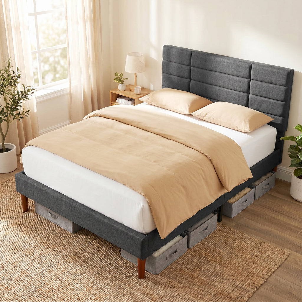 Cadre de Lit 140 x 200 cm avec Sommier Bois, Lit Double Rembourré en Effet Lin, Rangement au-dessous, Sans Bruit, Gris-8