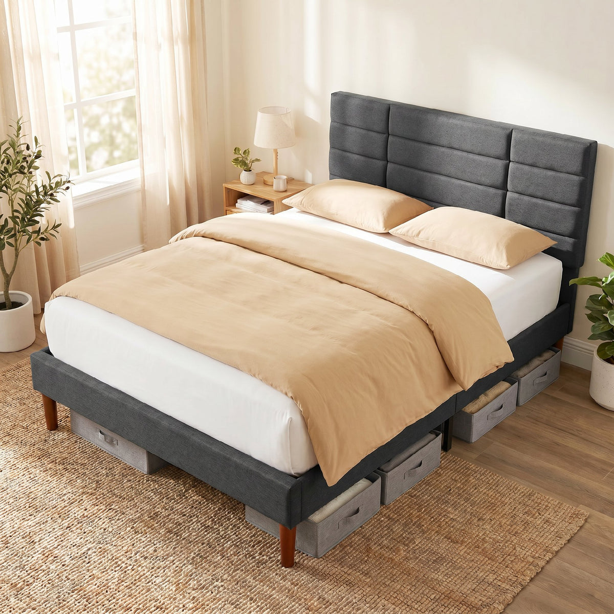 Cadre de Lit 140 x 200 cm avec Sommier Bois, Lit Double Rembourré en Effet Lin, Rangement au-dessous, Sans Bruit, Gris-8