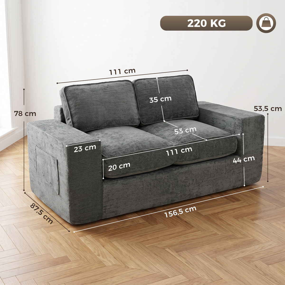 Canapé 2 Places en Chenille, Canapé de Salon 156 cm, Assise et Accoudoirs Larges Rembourrées, 2 Oreillers, Gris-2