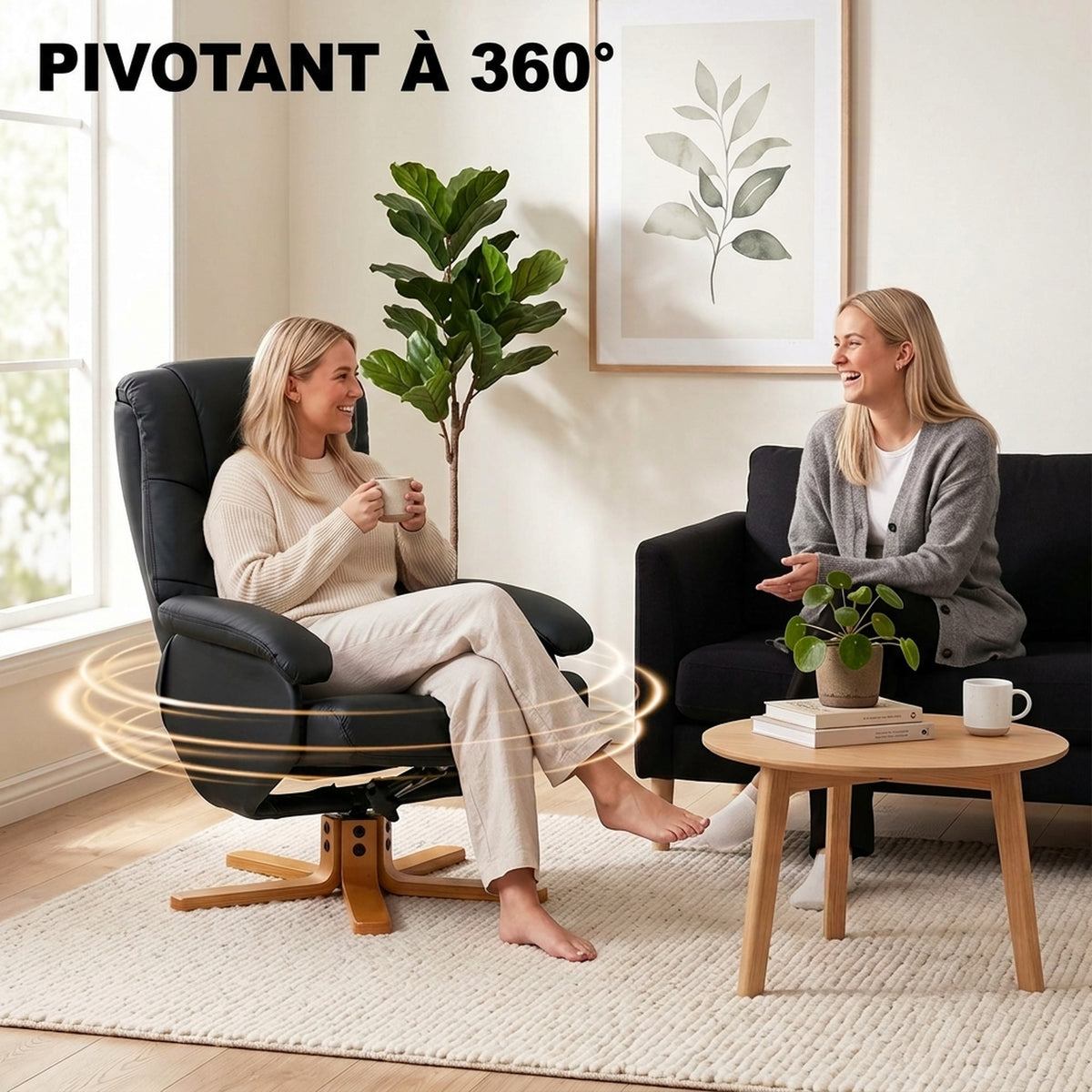 Fauteuil Relax avec Repose-Pied, Fauteuil de Relaxation Inclinable en PU, Pivotant 360°, Fonction Bascule, Noir-5