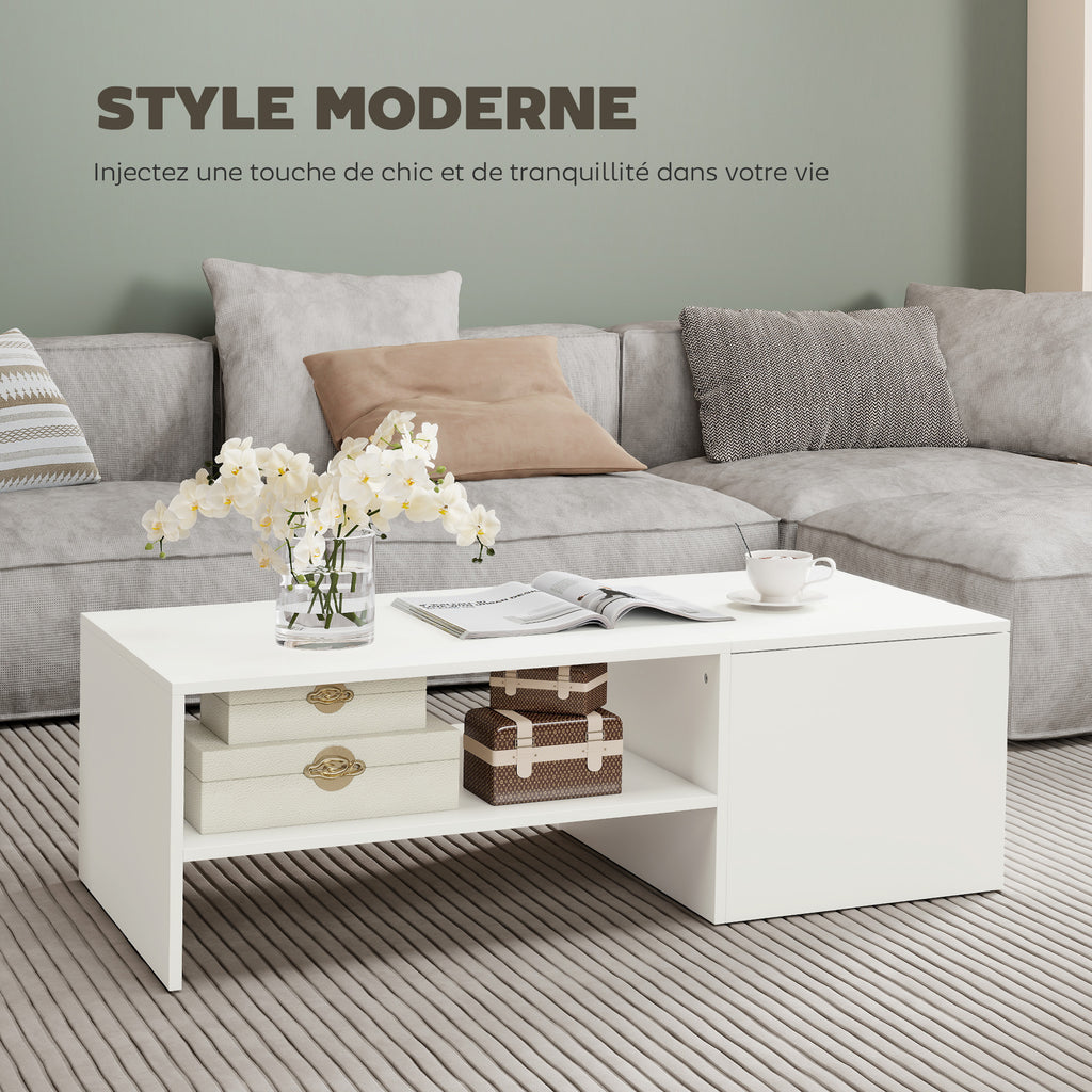Table basse rectangulaire, table d'appoint plateau coulissant, rangement caché, étagère ouverte, 110 x 52 x 36 cm, blanc-5
