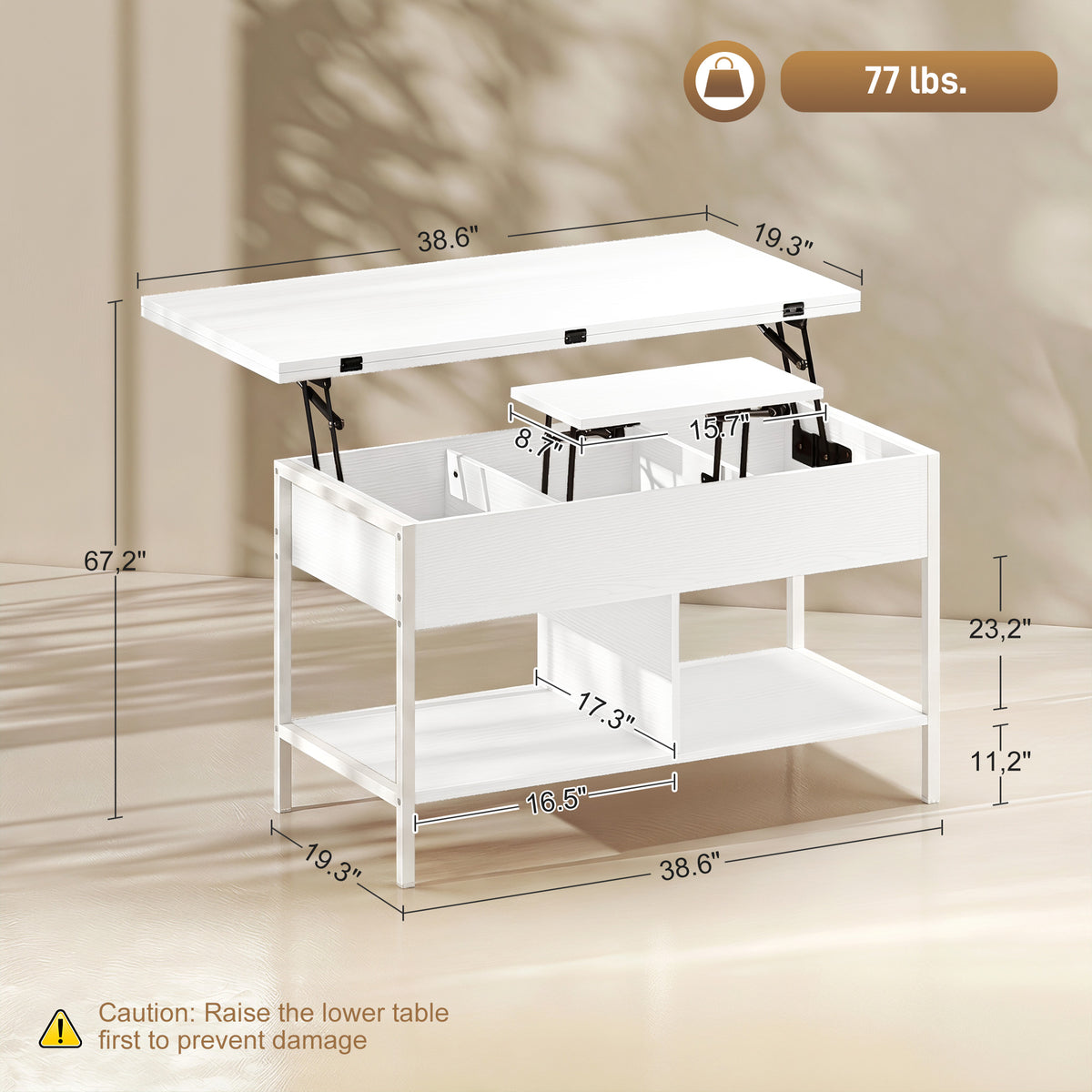 Table basse relevable et extensible, table de salon avec compartiment caché étagères ouvertes, 98x49x55cm, blanc-2
