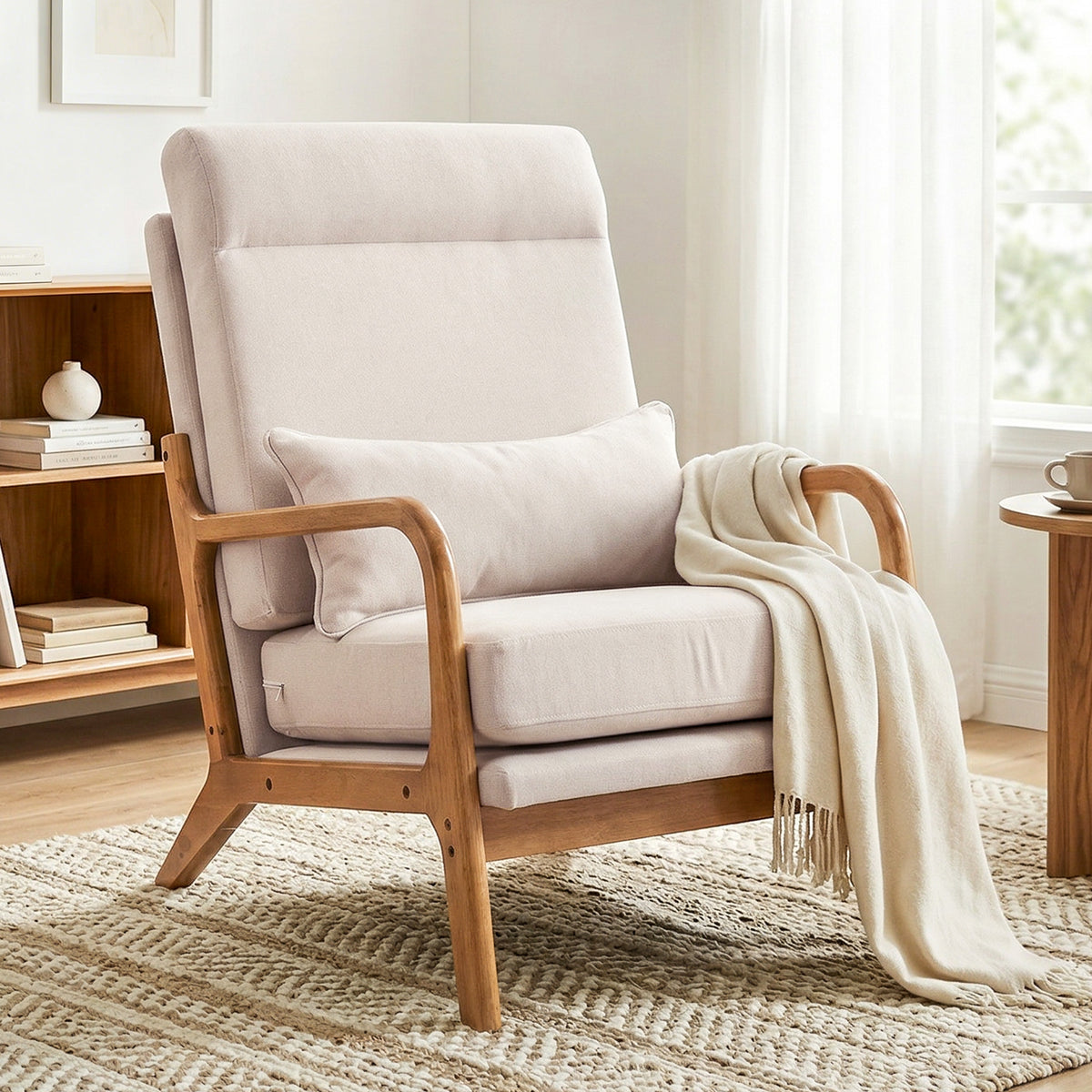 Fauteuil salon, fauteuil d'appoint rembourré en lin avec large assise, support lombaire, haut dossier, 64x86x93cm, crème-9