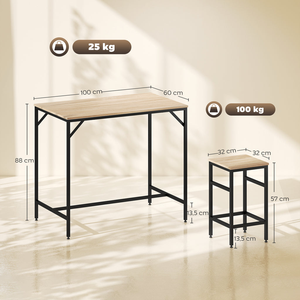 Ensemble Table de Bar Industriel + 4 tabourets Repose-Pieds en Bois couleur Chêne Clair Cadre en métal Noir-2