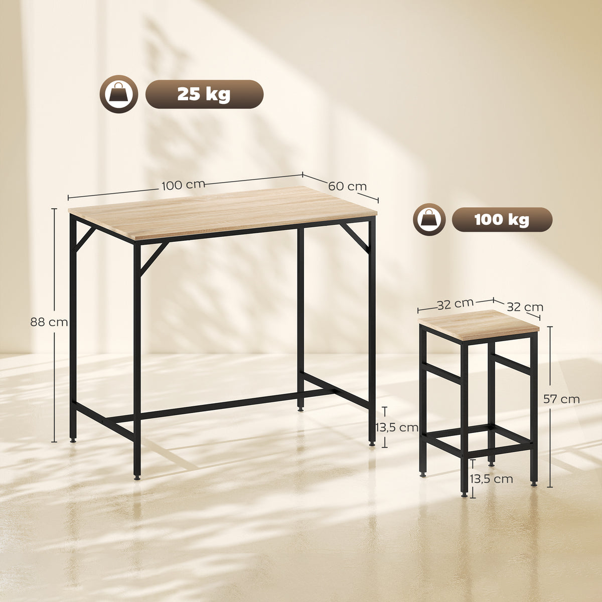 Ensemble Table de Bar Industriel + 4 tabourets Repose-Pieds en Bois couleur Chêne Clair Cadre en métal Noir-2