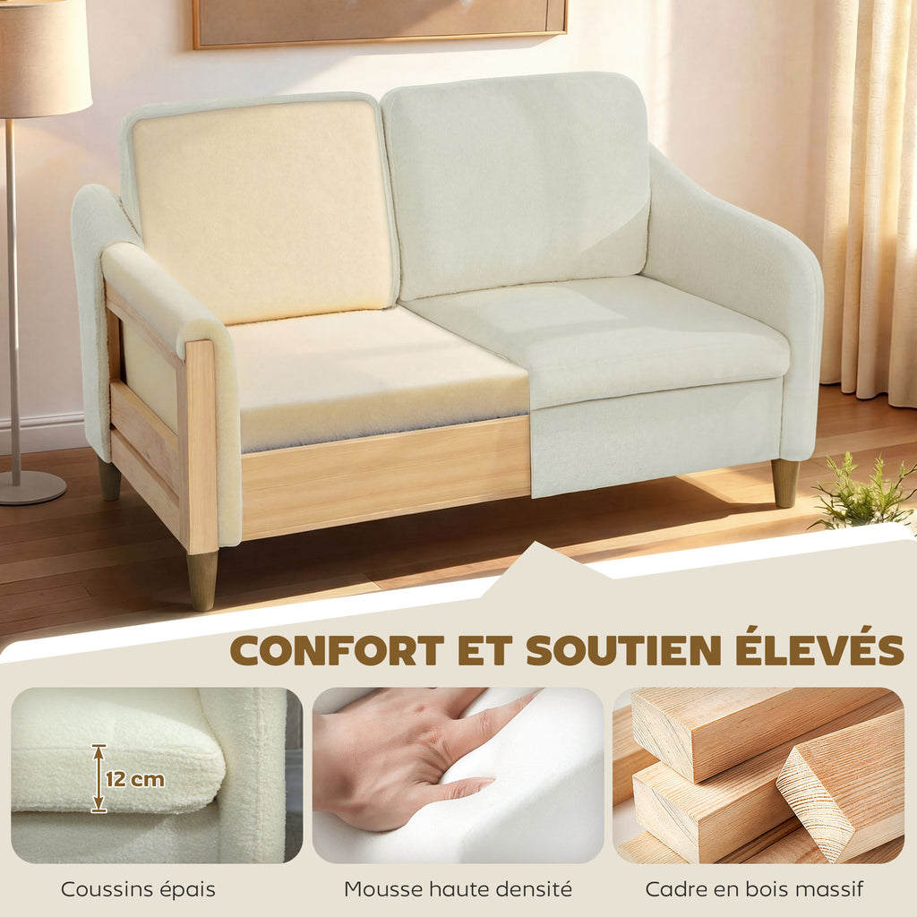 Canapé 2 places, canapé de salon en tissu bouclette avec coussins inclus, assise rembourrée, 137 x 69 x 82 cm, crème-3