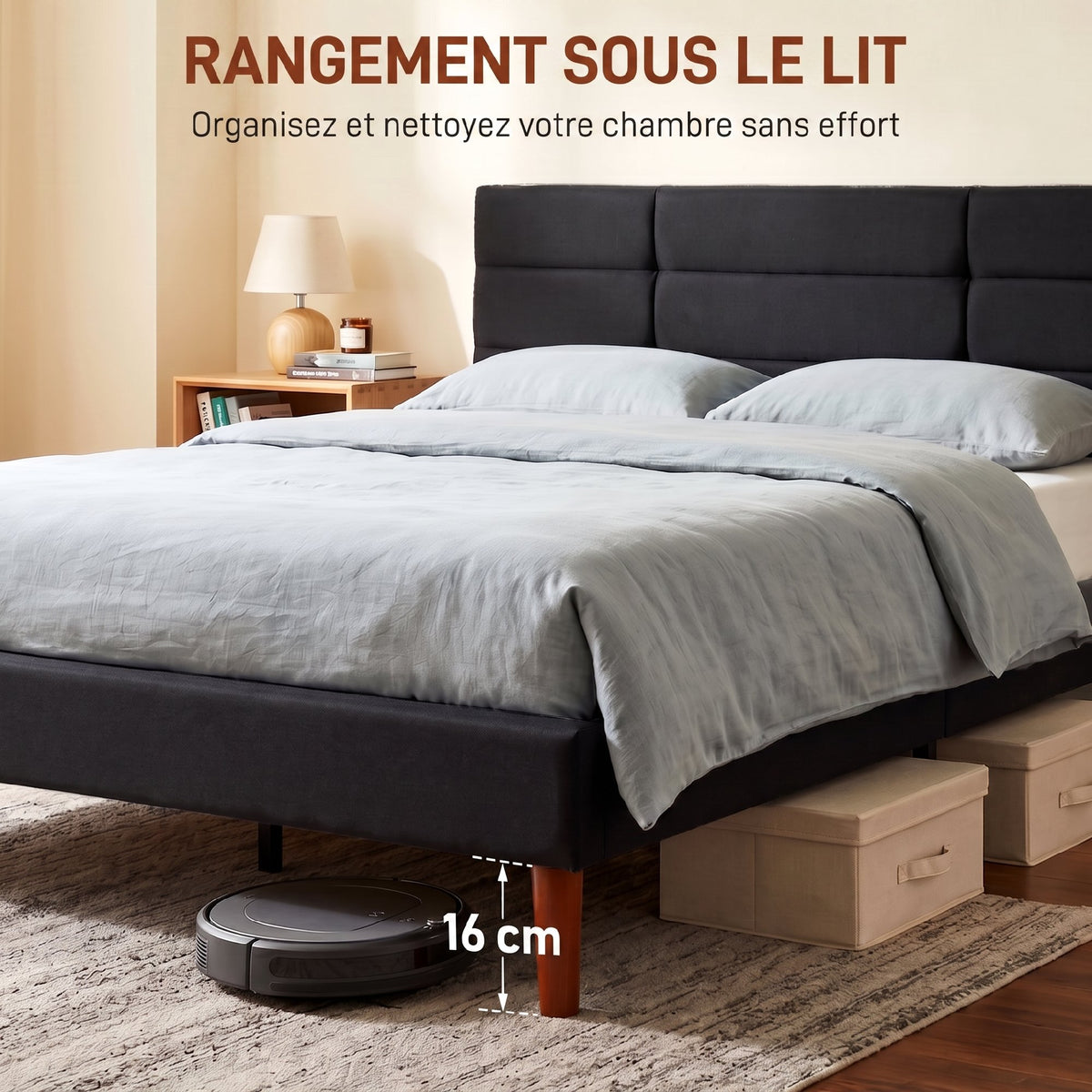 Cadre de Lit 140 x 200 cm avec Sommier Bois, Lit Double Rembourré en Effet Lin, Rangement au-dessous, Sans Bruit, Noir-5