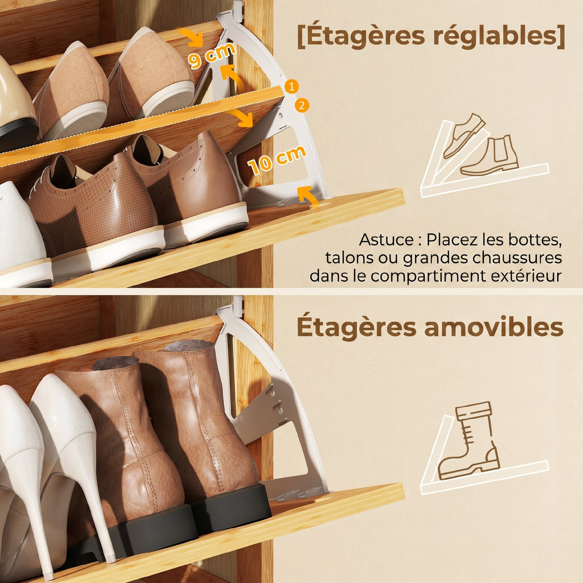 Meuble à chaussures 14 paires, armoire à chaussures 2 tiroirs rabattables, étagères réglables, 69x29x83cm, bois naturel-5