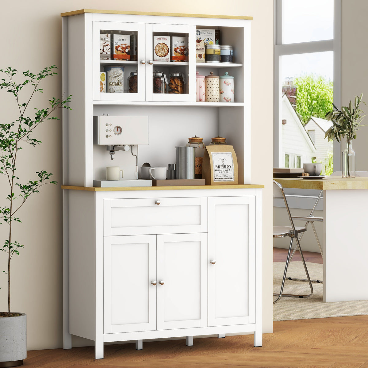 Buffet de cuisine haut 5 portes dont 2 portes vitrées et 1 tiroir, 1 niche centrale - hauteur 180 cm blanc-1