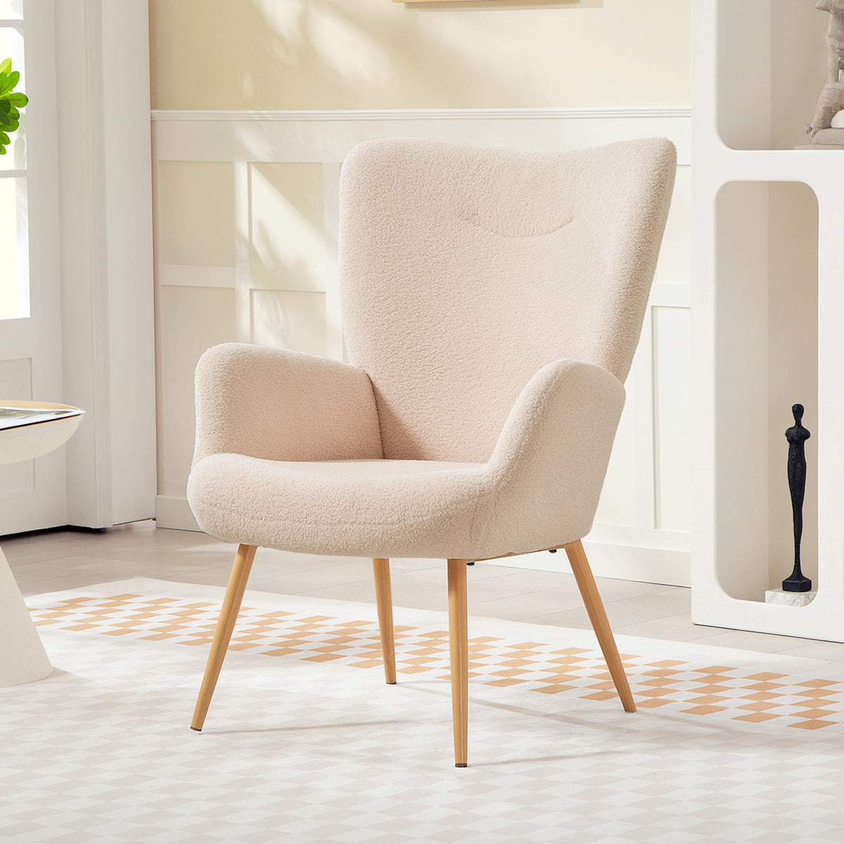 Fauteuil salon, fauteuil d'appoint rembourré en tissu bouclette avec haut dossier et accoudoirs, 71x74x97,5cm, beige-9